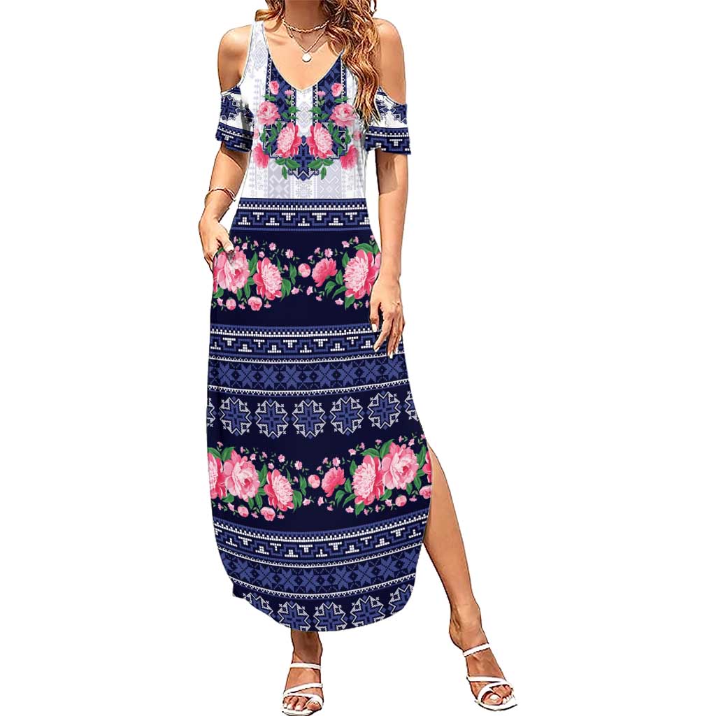 Navy Romanian National Costume Family Matching Summer Maxi Dress and Hawaiian Shirt Peony Flowers Traditional Folk Pattern - Wonder Print Shop