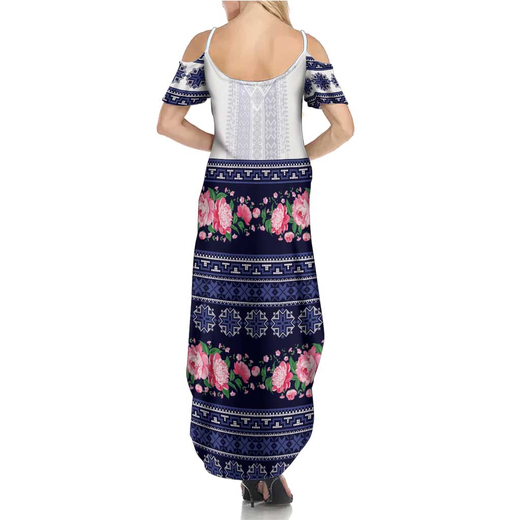 Navy Romanian National Costume Family Matching Summer Maxi Dress and Hawaiian Shirt Peony Flowers Traditional Folk Pattern - Wonder Print Shop