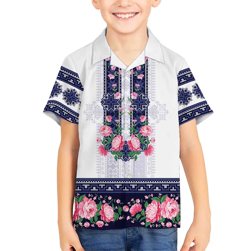 Navy Romanian National Costume Family Matching Summer Maxi Dress and Hawaiian Shirt Peony Flowers Traditional Folk Pattern - Wonder Print Shop