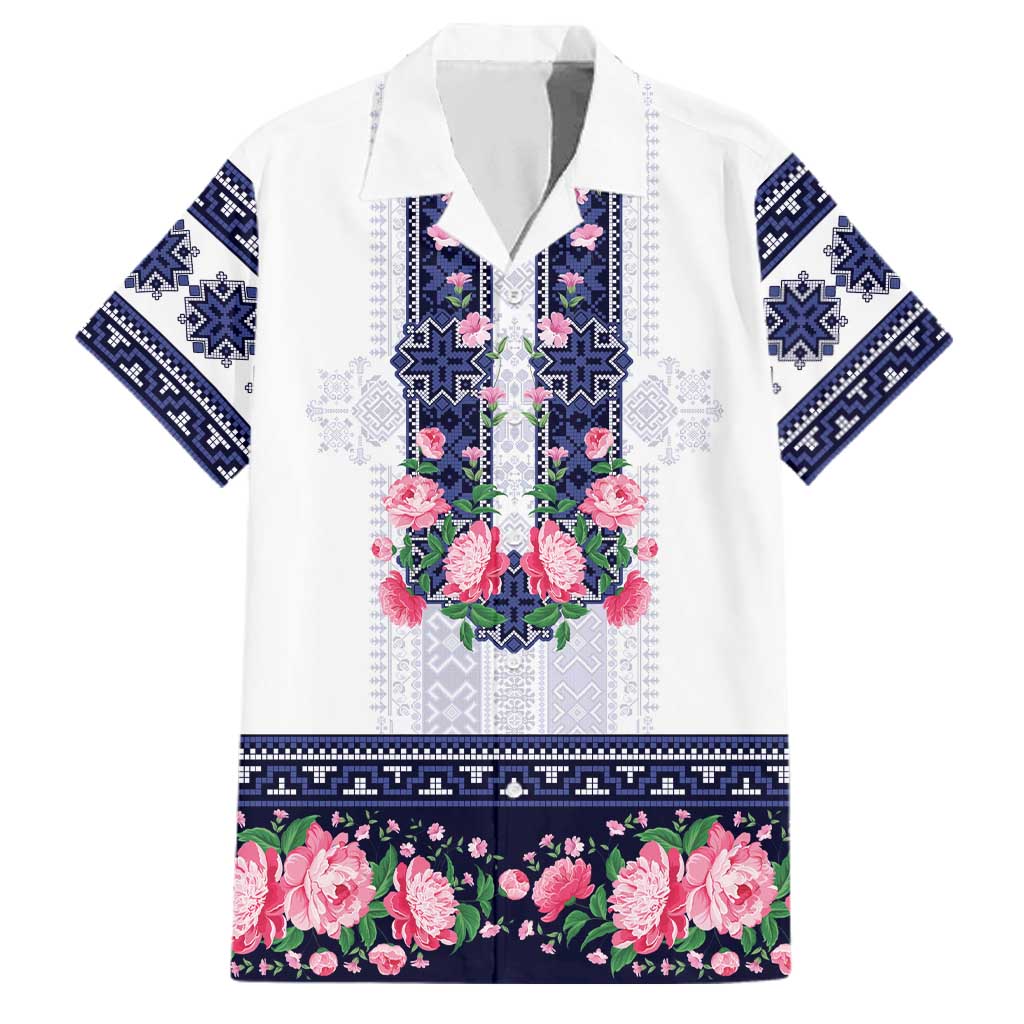 Navy Romanian National Costume Family Matching Tank Maxi Dress and Hawaiian Shirt Peony Flowers Traditional Folk Pattern - Wonder Print Shop