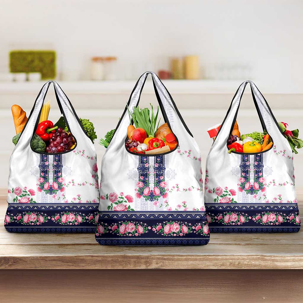 Navy Romanian National Costume Grocery Bag Peony Flowers Traditional Folk Pattern - Wonder Print Shop