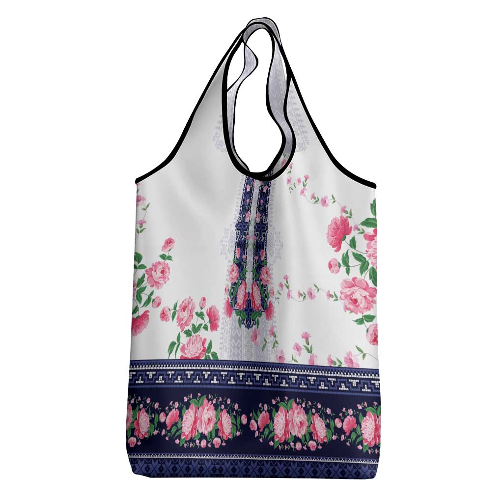 Navy Romanian National Costume Grocery Bag Peony Flowers Traditional Folk Pattern - Wonder Print Shop