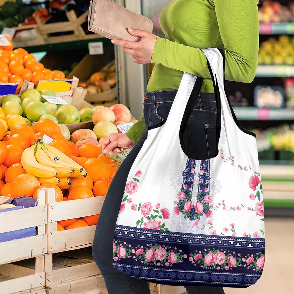Navy Romanian National Costume Grocery Bag Peony Flowers Traditional Folk Pattern - Wonder Print Shop