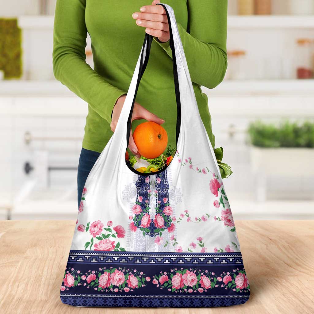 Navy Romanian National Costume Grocery Bag Peony Flowers Traditional Folk Pattern - Wonder Print Shop