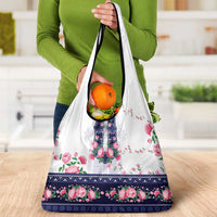 Navy Romanian National Costume Grocery Bag Peony Flowers Traditional Folk Pattern - Wonder Print Shop