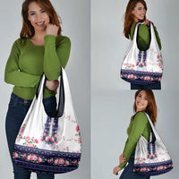 Navy Romanian National Costume Grocery Bag Peony Flowers Traditional Folk Pattern - Wonder Print Shop