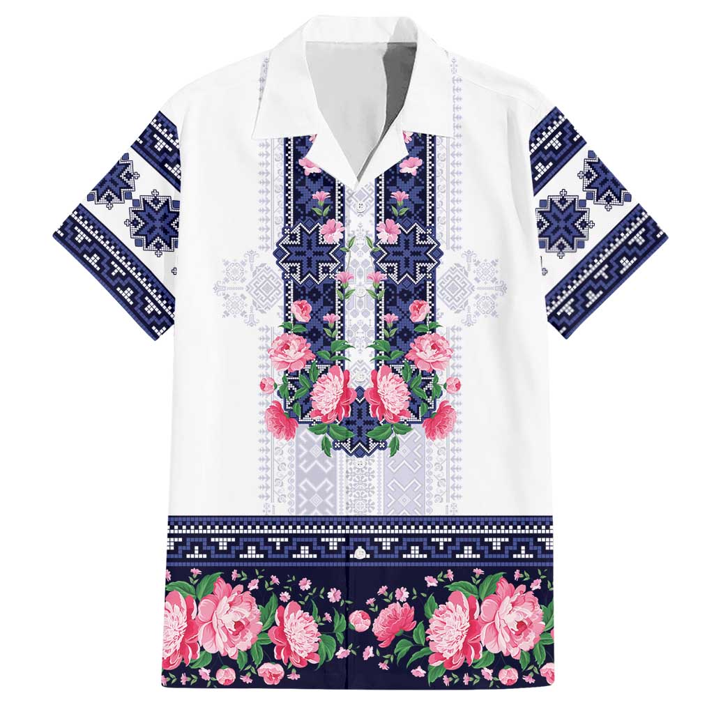 Navy Romanian National Costume Hawaiian Shirt Peony Flowers Traditional Folk Pattern - Wonder Print Shop