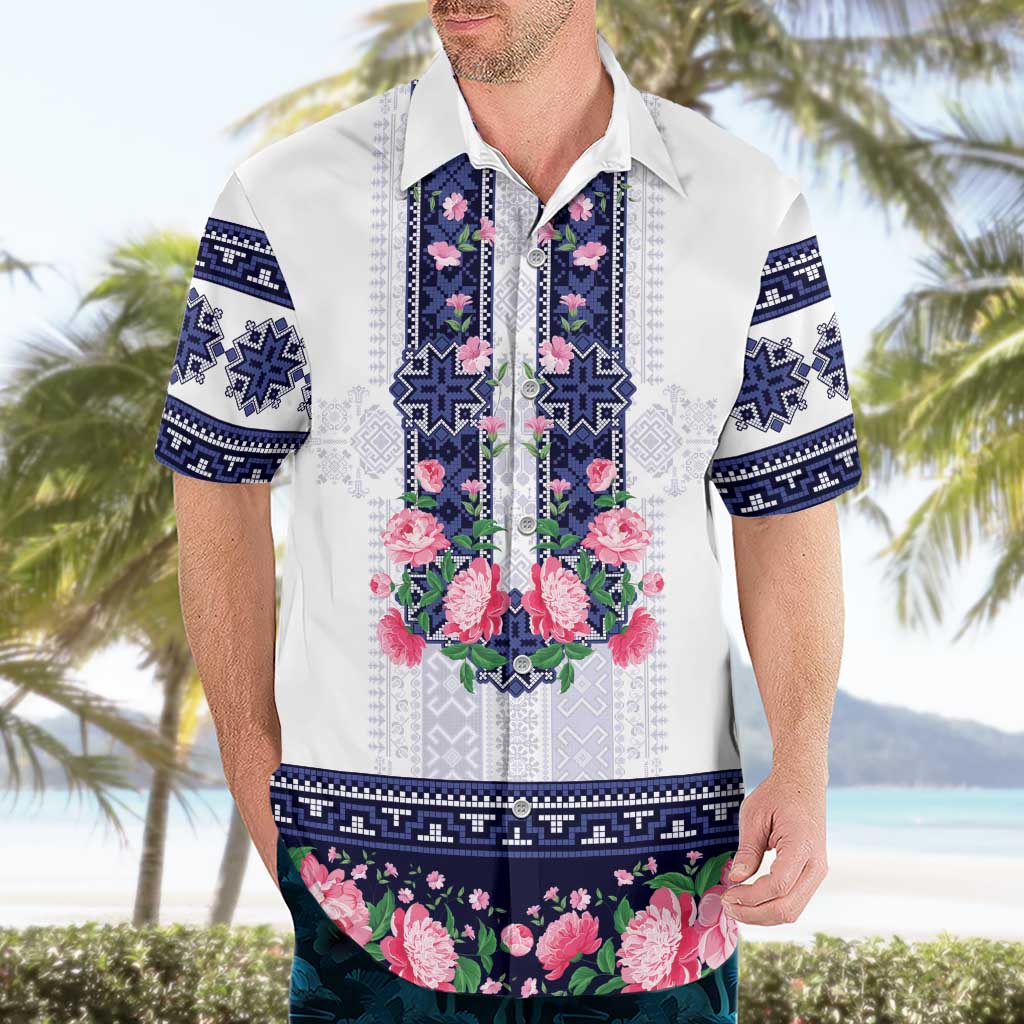 Navy Romanian National Costume Hawaiian Shirt Peony Flowers Traditional Folk Pattern - Wonder Print Shop