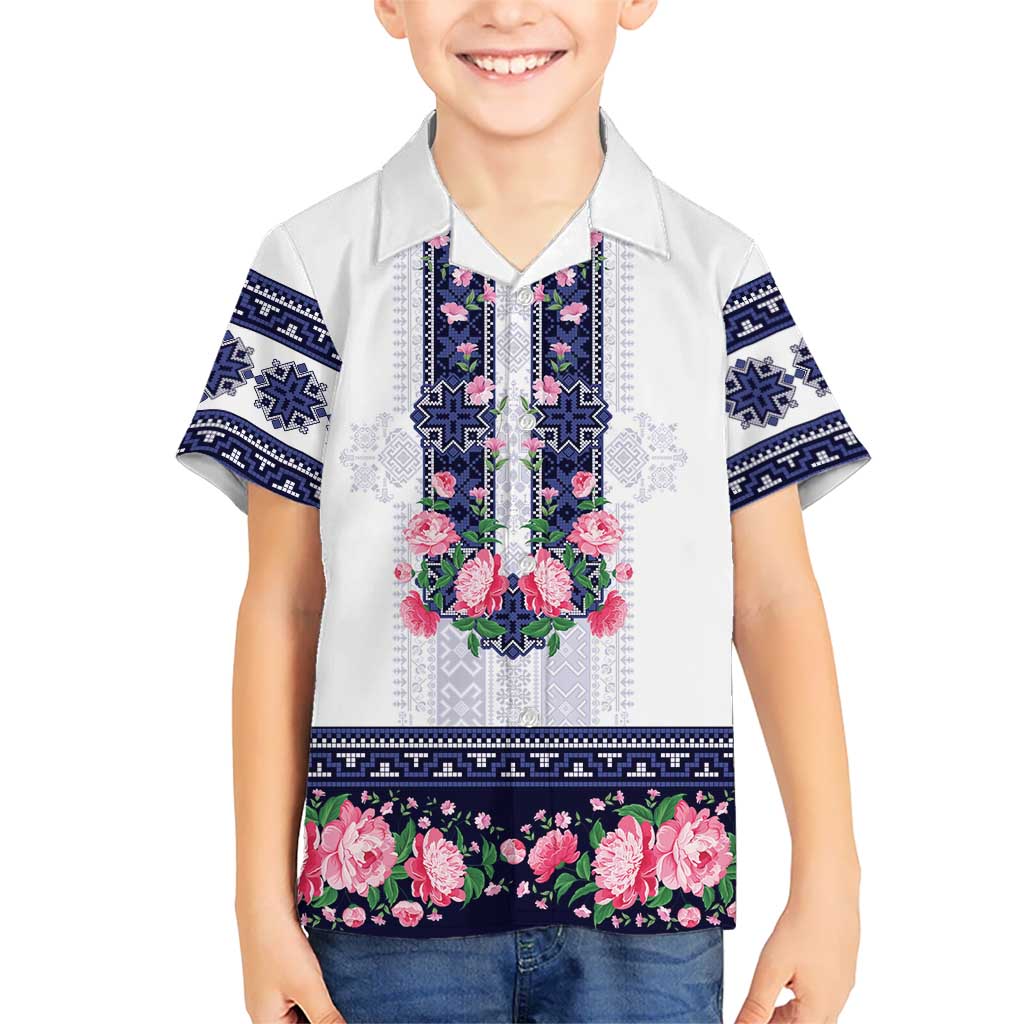 Navy Romanian National Costume Hawaiian Shirt Peony Flowers Traditional Folk Pattern - Wonder Print Shop