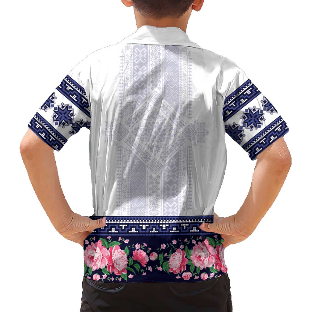 Navy Romanian National Costume Hawaiian Shirt Peony Flowers Traditional Folk Pattern - Wonder Print Shop