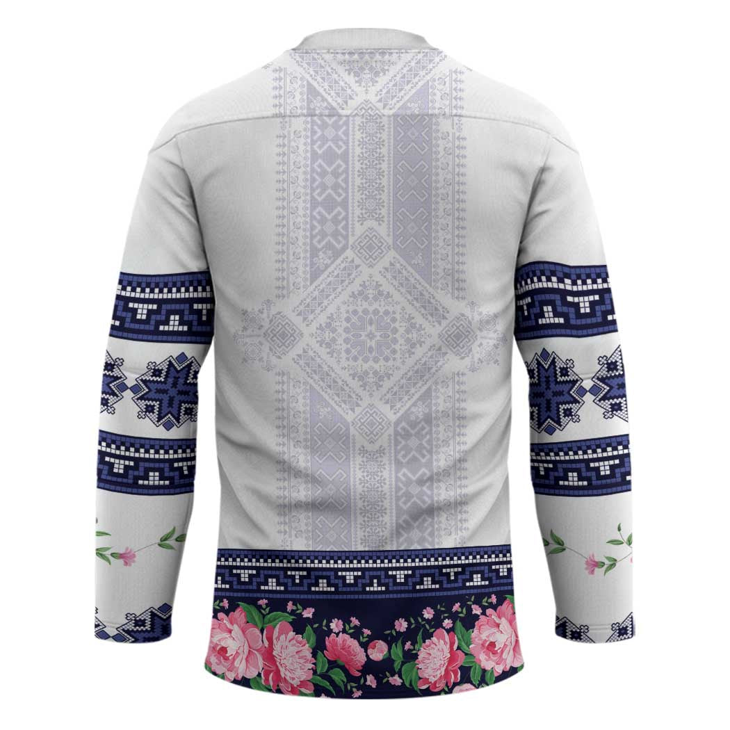 Navy Romanian National Costume Hockey Jersey Peony Flowers Traditional Folk Pattern - Wonder Print Shop