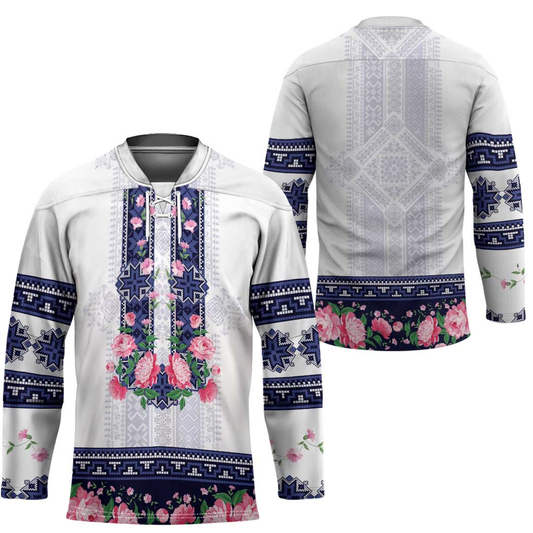Navy Romanian National Costume Hockey Jersey Peony Flowers Traditional Folk Pattern - Wonder Print Shop