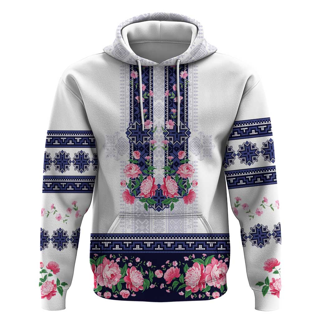 Navy Romanian National Costume Hoodie Peony Flowers Traditional Folk Pattern - Wonder Print Shop