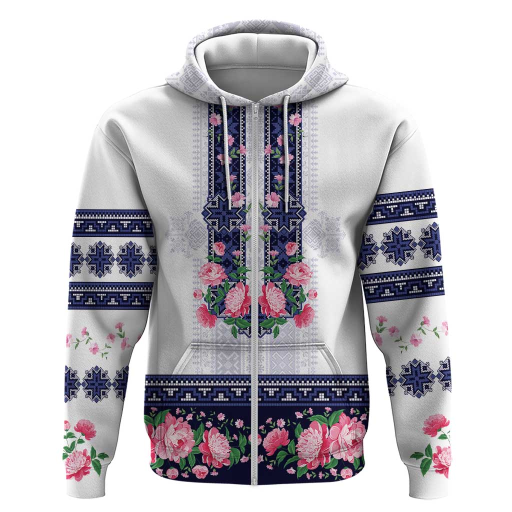 Navy Romanian National Costume Hoodie Peony Flowers Traditional Folk Pattern - Wonder Print Shop
