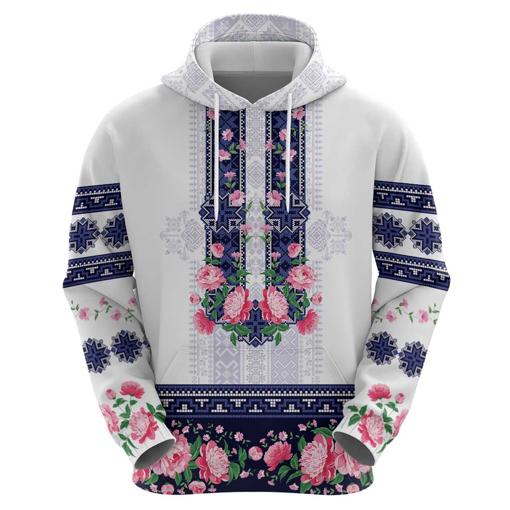 Navy Romanian National Costume Hoodie Peony Flowers Traditional Folk Pattern - Wonder Print Shop