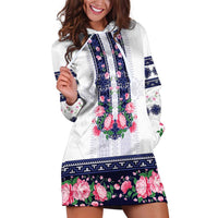 Navy Romanian National Costume Hoodie Dress Peony Flowers Traditional Folk Pattern - Wonder Print Shop