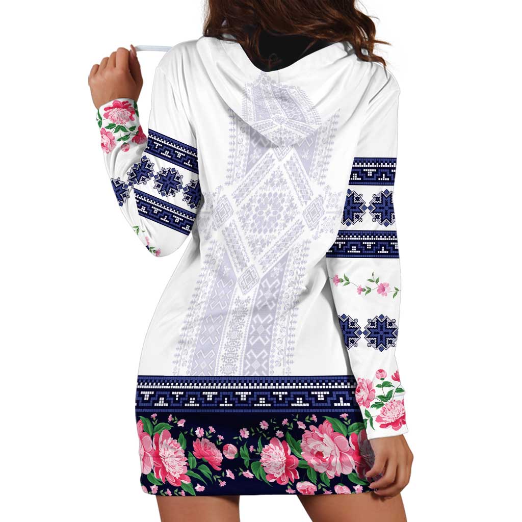 Navy Romanian National Costume Hoodie Dress Peony Flowers Traditional Folk Pattern - Wonder Print Shop