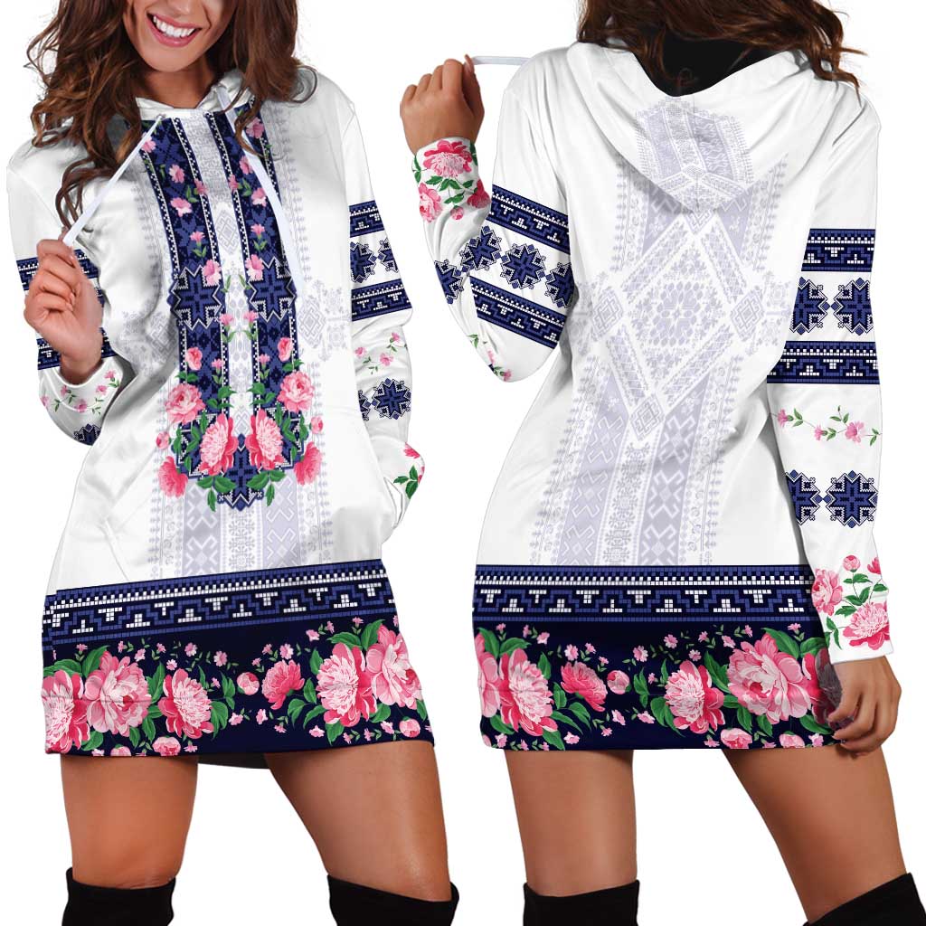 Navy Romanian National Costume Hoodie Dress Peony Flowers Traditional Folk Pattern - Wonder Print Shop