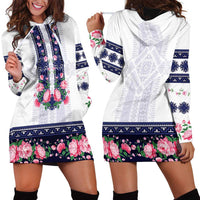 Navy Romanian National Costume Hoodie Dress Peony Flowers Traditional Folk Pattern - Wonder Print Shop