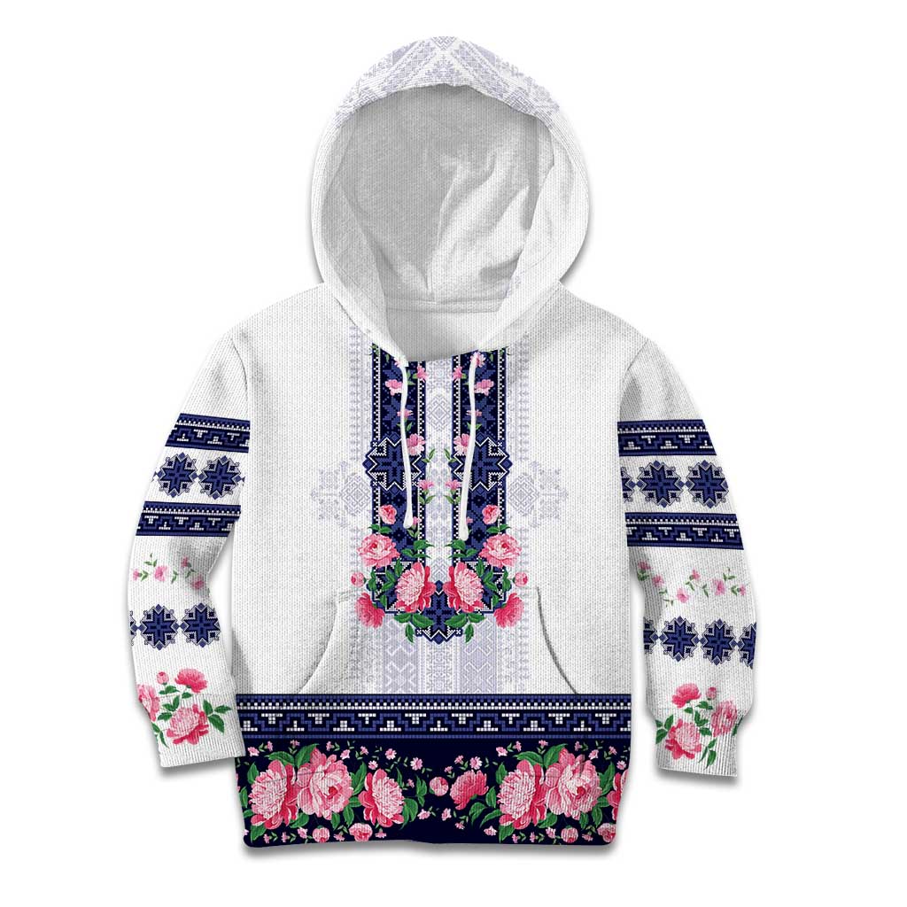 Navy Romanian National Costume Kid Hoodie Peony Flowers Traditional Folk Pattern - Wonder Print Shop