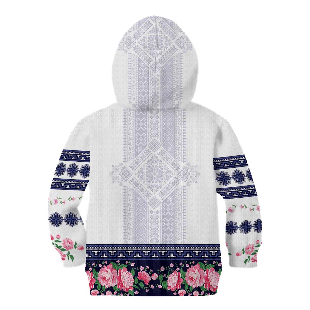 Navy Romanian National Costume Kid Hoodie Peony Flowers Traditional Folk Pattern - Wonder Print Shop