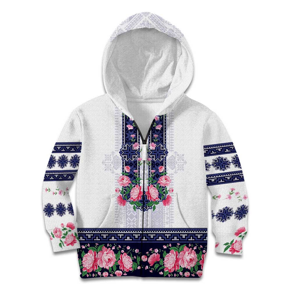 Navy Romanian National Costume Kid Hoodie Peony Flowers Traditional Folk Pattern - Wonder Print Shop