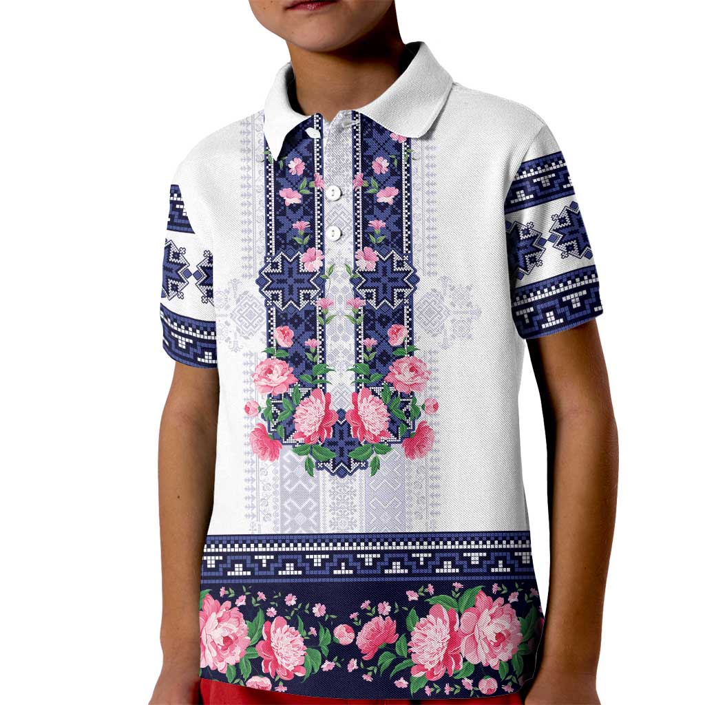 Navy Romanian National Costume Kid Polo Shirt Peony Flowers Traditional Folk Pattern - Wonder Print Shop