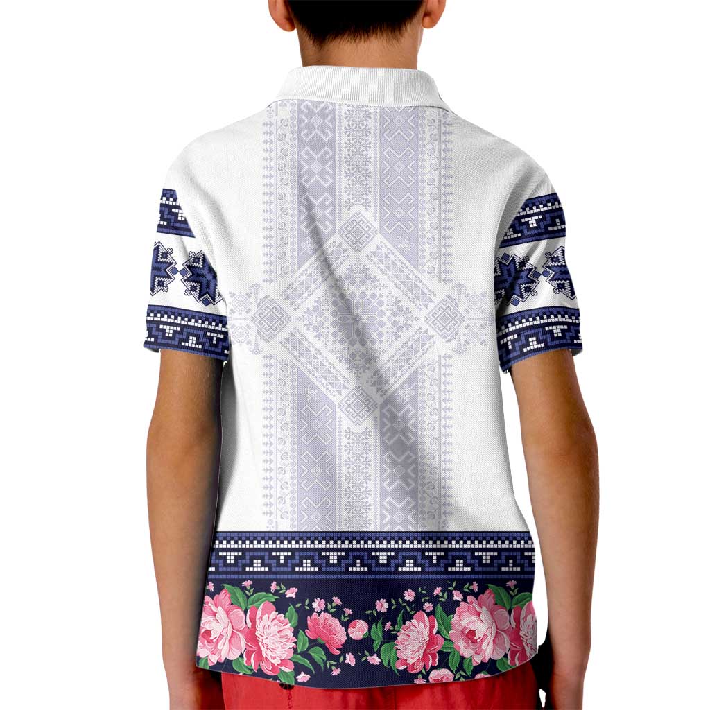 Navy Romanian National Costume Kid Polo Shirt Peony Flowers Traditional Folk Pattern - Wonder Print Shop