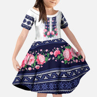 Navy Romanian National Costume Kid Short Sleeve Dress Peony Flowers Traditional Folk Pattern - Wonder Print Shop