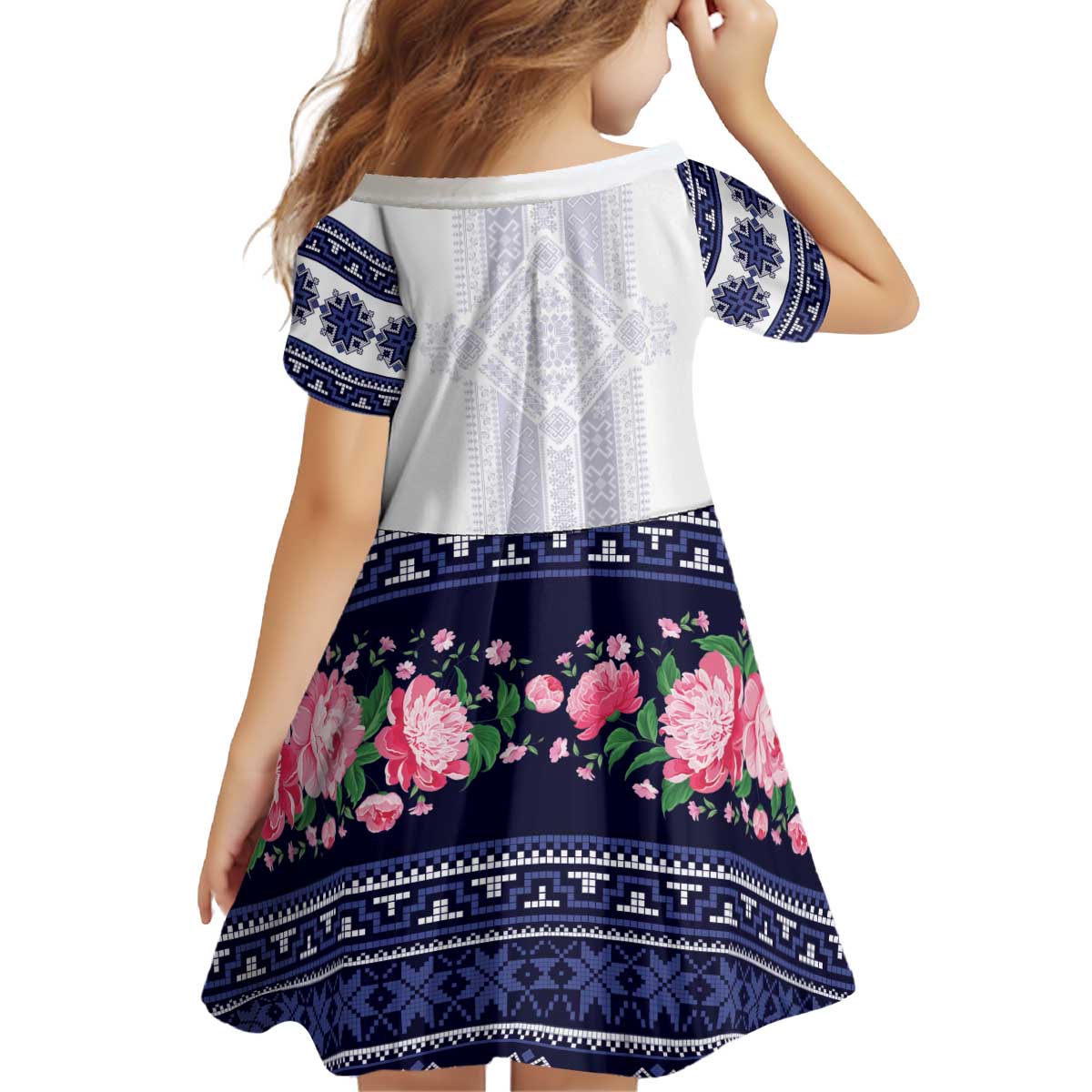 Navy Romanian National Costume Kid Short Sleeve Dress Peony Flowers Traditional Folk Pattern - Wonder Print Shop