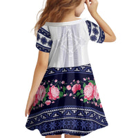 Navy Romanian National Costume Kid Short Sleeve Dress Peony Flowers Traditional Folk Pattern - Wonder Print Shop