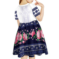 Navy Romanian National Costume Kid Short Sleeve Dress Peony Flowers Traditional Folk Pattern - Wonder Print Shop