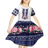 Navy Romanian National Costume Kid Short Sleeve Dress Peony Flowers Traditional Folk Pattern - Wonder Print Shop
