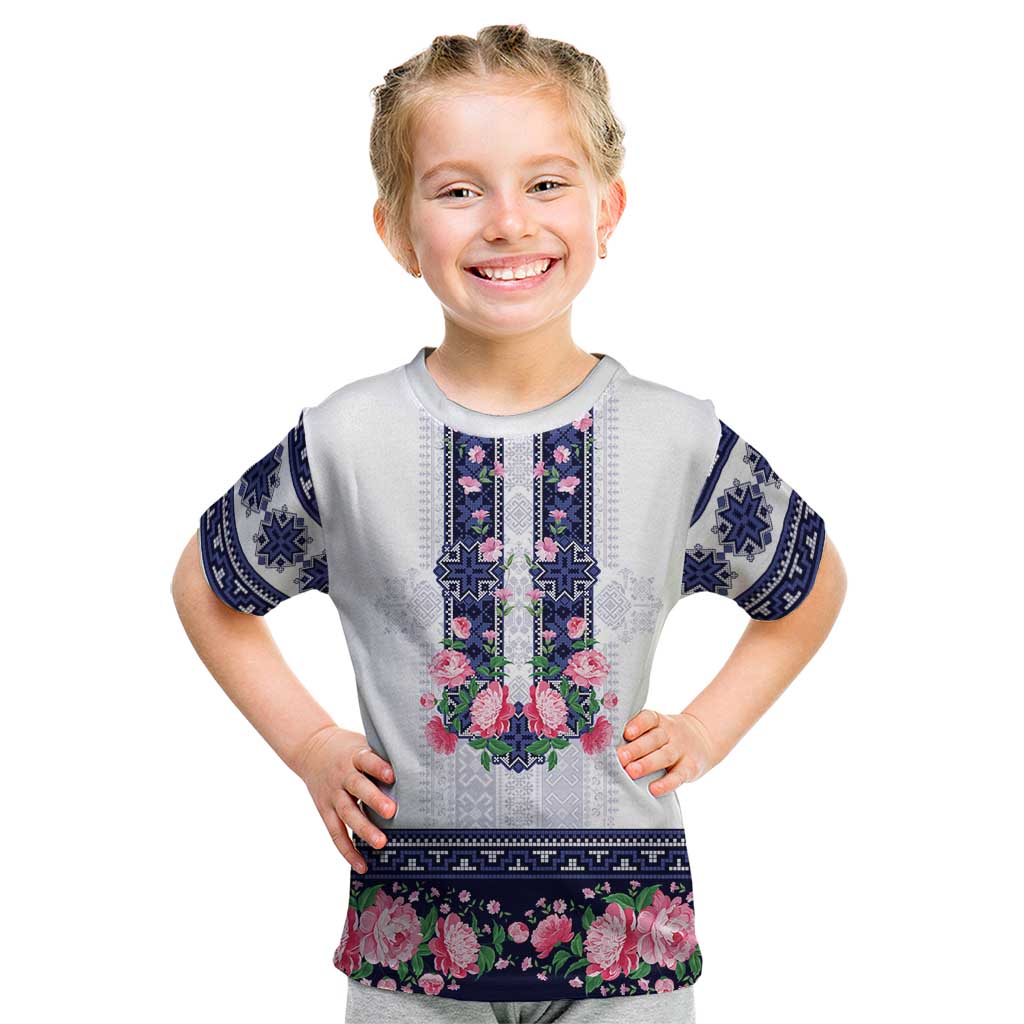 Navy Romanian National Costume Kid T Shirt Peony Flowers Traditional Folk Pattern - Wonder Print Shop
