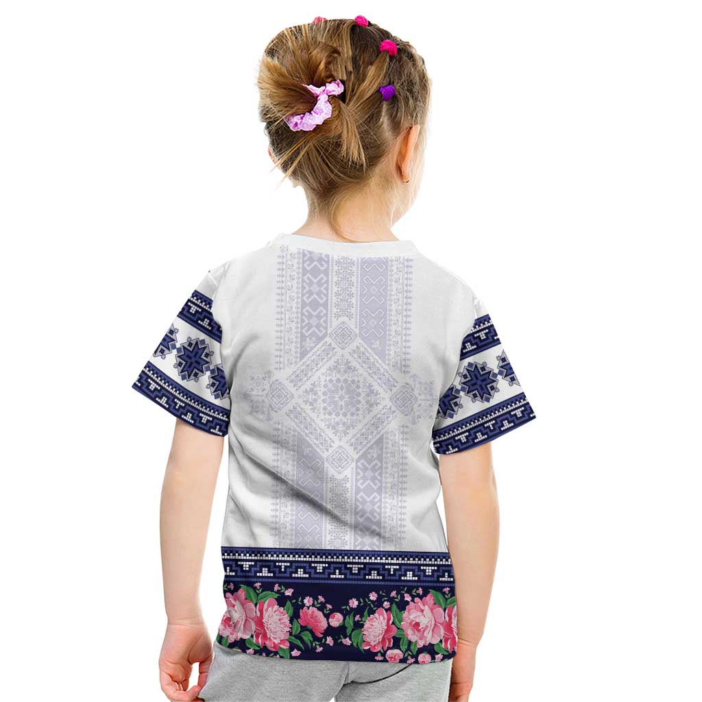 Navy Romanian National Costume Kid T Shirt Peony Flowers Traditional Folk Pattern - Wonder Print Shop