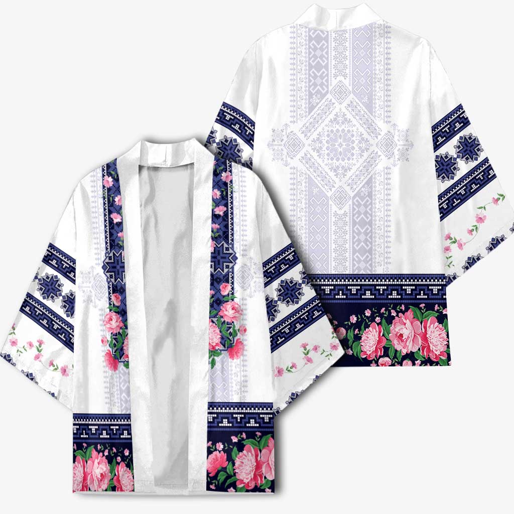 Navy Romanian National Costume Kimono Peony Flowers Traditional Folk Pattern - Wonder Print Shop