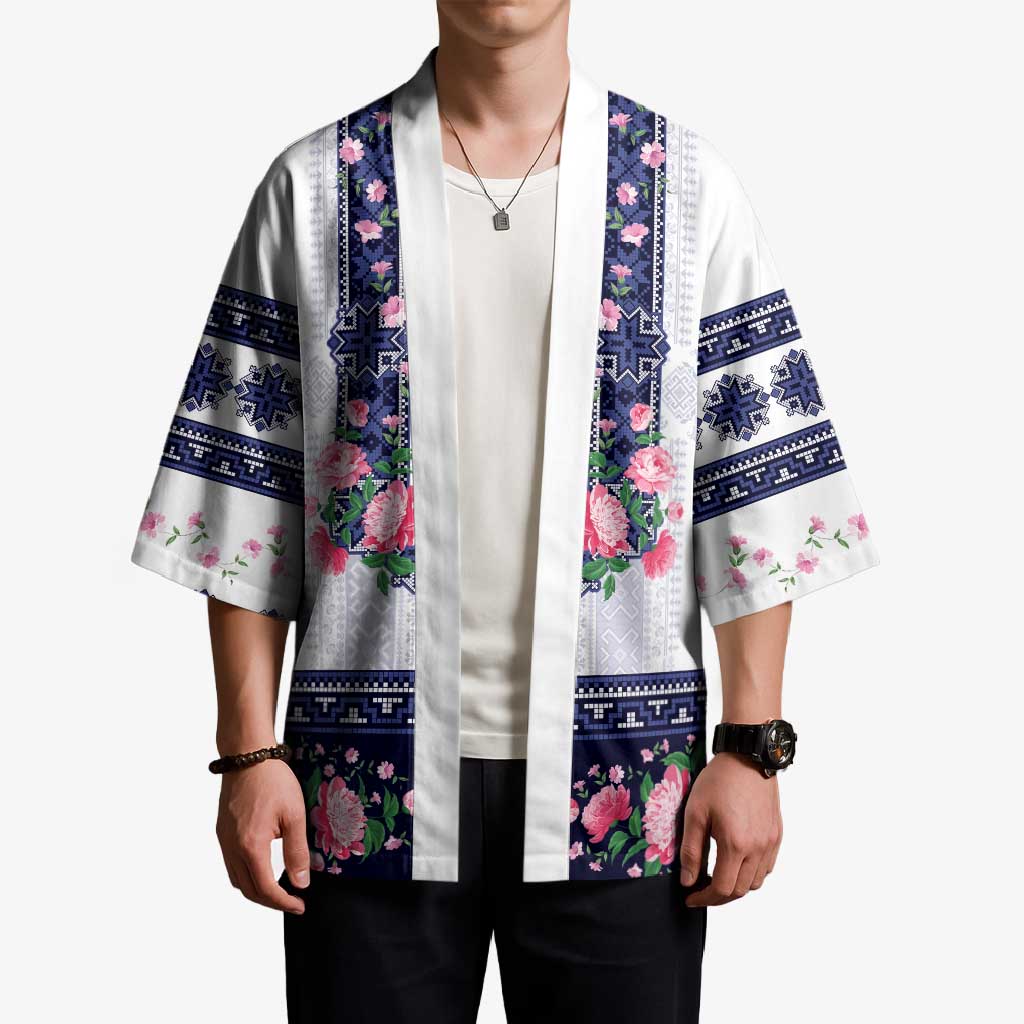 Navy Romanian National Costume Kimono Peony Flowers Traditional Folk Pattern - Wonder Print Shop