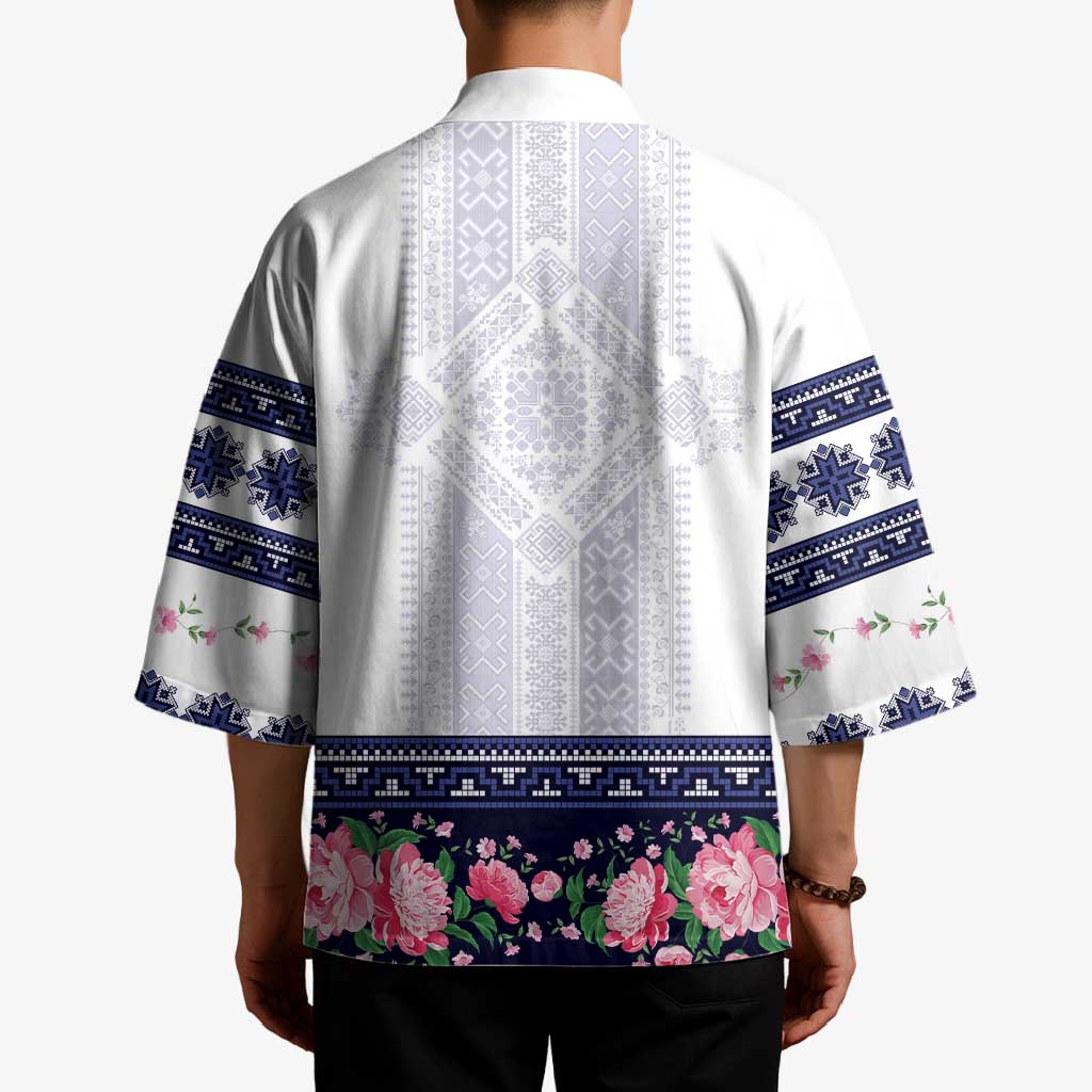 Navy Romanian National Costume Kimono Peony Flowers Traditional Folk Pattern - Wonder Print Shop