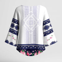 Navy Romanian National Costume Kimono Sleeve Blouse Peony Flowers Traditional Folk Pattern - Wonder Print Shop