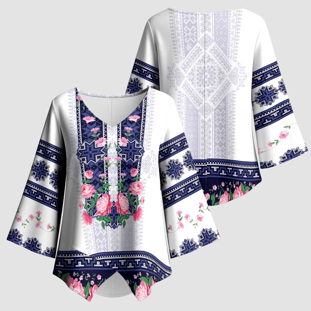 Navy Romanian National Costume Kimono Sleeve Blouse Peony Flowers Traditional Folk Pattern - Wonder Print Shop