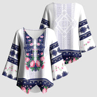 Navy Romanian National Costume Kimono Sleeve Blouse Peony Flowers Traditional Folk Pattern - Wonder Print Shop