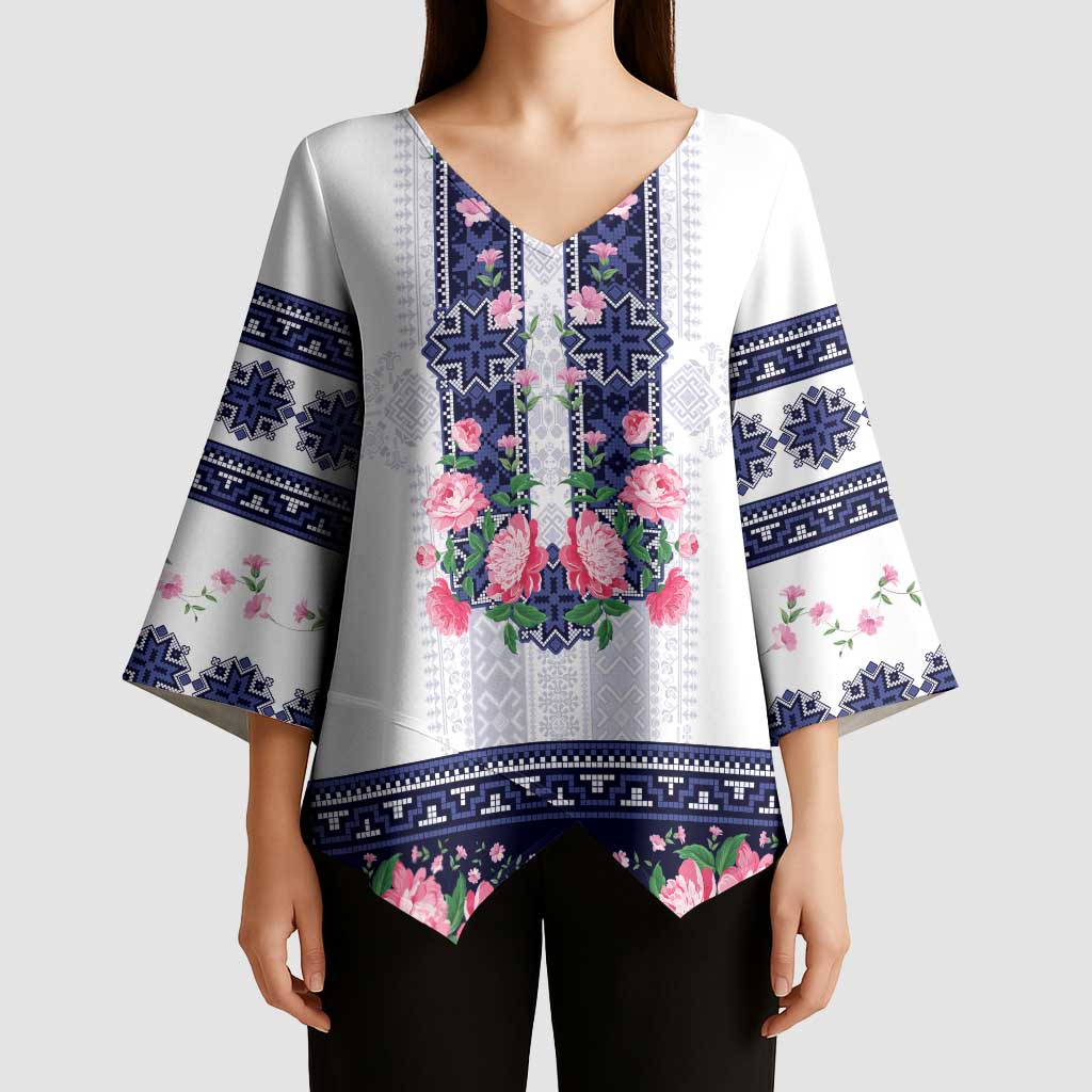 Navy Romanian National Costume Kimono Sleeve Blouse Peony Flowers Traditional Folk Pattern - Wonder Print Shop