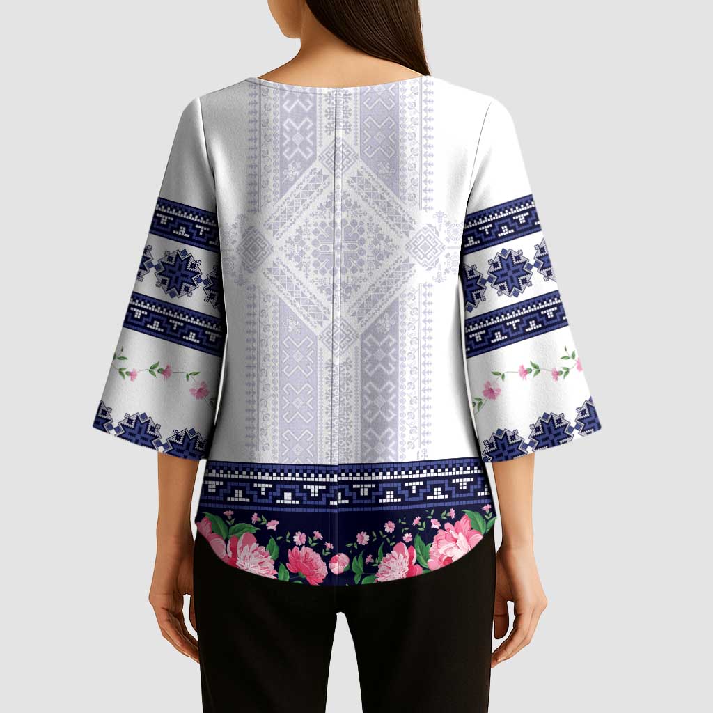 Navy Romanian National Costume Kimono Sleeve Blouse Peony Flowers Traditional Folk Pattern - Wonder Print Shop