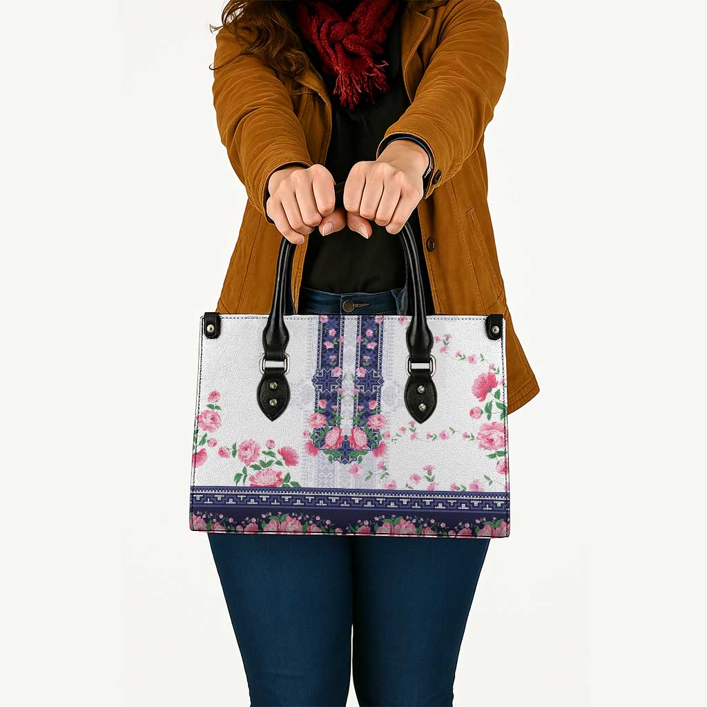 Navy Romanian National Costume Leather Bag Peony Flowers Traditional Folk Pattern - Wonder Print Shop