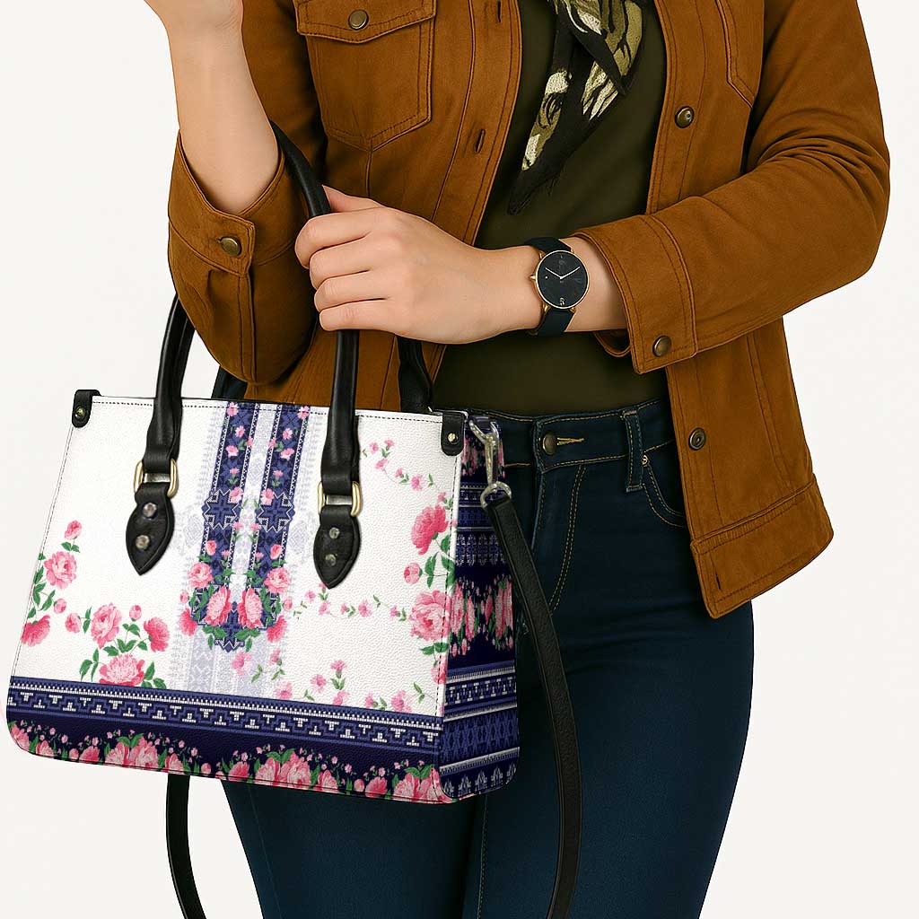 Navy Romanian National Costume Leather Bag Peony Flowers Traditional Folk Pattern - Wonder Print Shop