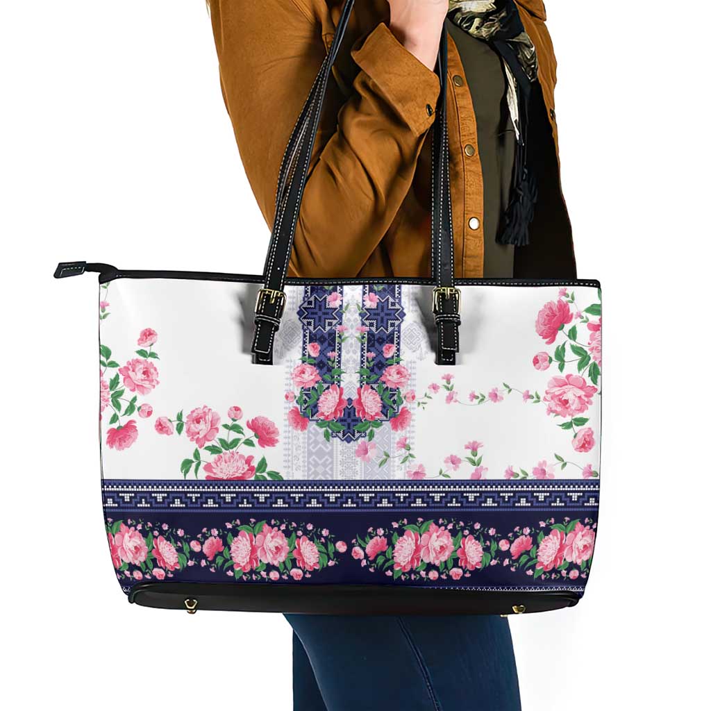 Navy Romanian National Costume Leather Tote Bag Peony Flowers Traditional Folk Pattern - Wonder Print Shop