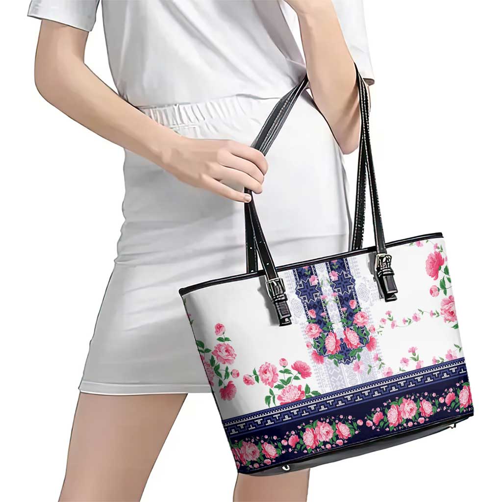 Navy Romanian National Costume Leather Tote Bag Peony Flowers Traditional Folk Pattern - Wonder Print Shop