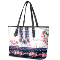 Navy Romanian National Costume Leather Tote Bag Peony Flowers Traditional Folk Pattern - Wonder Print Shop