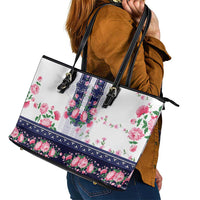 Navy Romanian National Costume Leather Tote Bag Peony Flowers Traditional Folk Pattern - Wonder Print Shop