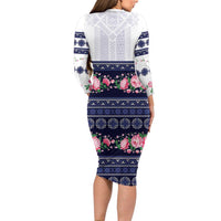 Navy Romanian National Costume Long Sleeve Bodycon Dress Peony Flowers Traditional Folk Pattern - Wonder Print Shop